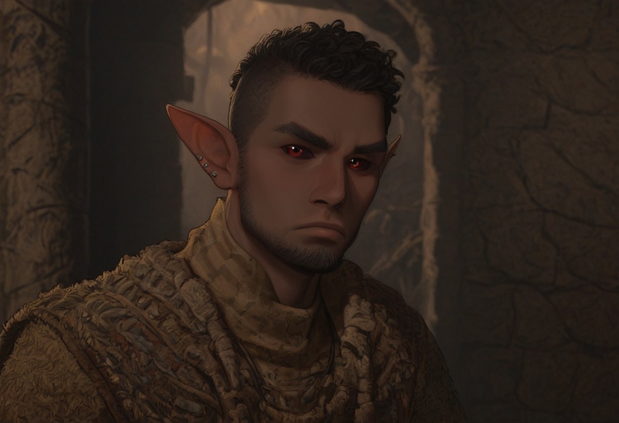 solo, short pointy ears, piercings, random elf face, aquiline features, male dark elf, masculine, beard, weathered skin, large nose, athletic build,  animated realism, zoomed out, Syrian features, torso, brass pipes and gears, intricate architecture, dwarven masonry, dwemer fixtures, white-green light, gloomy lighting, ancient ruins, interior, stone tiled floor, grey-blue skin, mahogany and ivory clothes, medium armor, bone plate armor, ivory straps and fittings, grey wood neckguard, dark red sclera, black pupils, distant mushroom forest, blue-green light, neon, highly detailed, defined features, looking at viewer, three quarters view, from front, dynamic lighting, 36 years old, light and shadows, patterned cloth, annoyed expression, expressive eyes, detailed medieval clothes, cropped hair, wavy hair, thick hair, beaded hair, braided hair, under cut hair, semirealistic, alien elf, spanish features, jewish features, black hair, dark red hair, umber skin, sharp features, pastel green berber print cloak, nighttime, high detail, absurdres, pretty eyes, detailed eyes, red eyes,