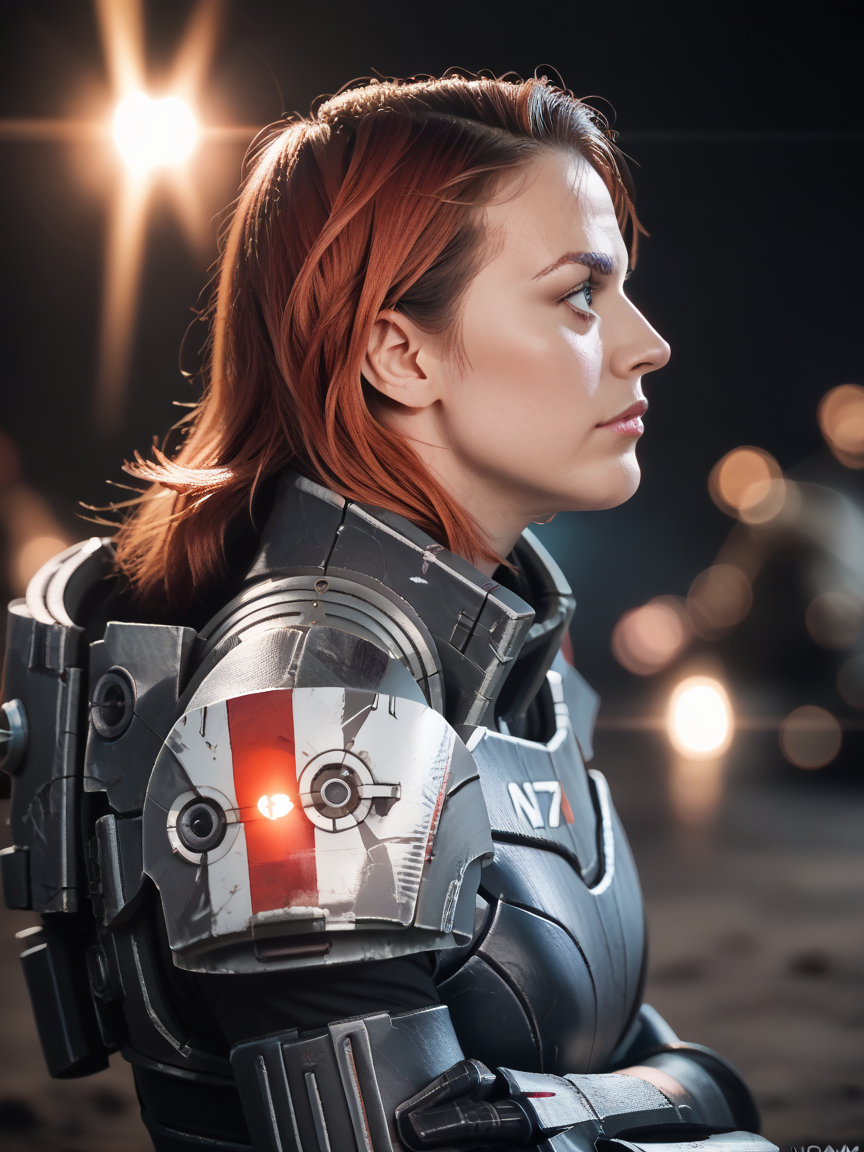 score_9, score_8_up, score_7_up, score_6_up, score_5_up, score_4_up, realistic, photograph,
1girl wearing n7 armor, <lora:n7_armor-PD-1.0:1>,
red hair, tank, battlefield, bokeh, science fiction, from side
