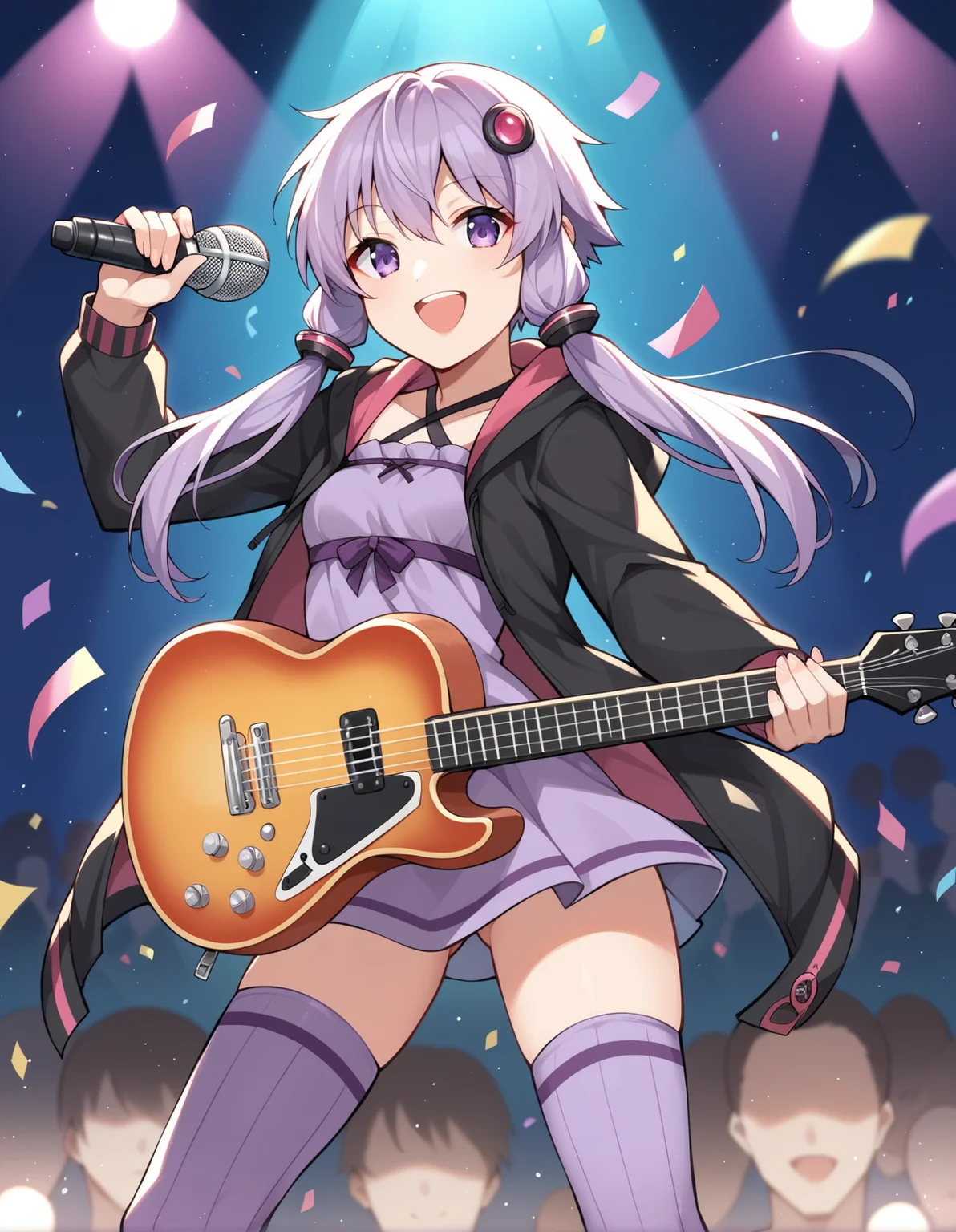 score_9, score_8_up, score_7_up, score_6_up, score_5_up, score_4_up, source_anime, rating_explicit, BREAK<lora:yukariXL_LoRA-C3Lier_AdamW_Dim16_Alpha16_UN-3e-4_TE-1.5e-4_10batch_ponyDiffusionV6XL_v6StartWithThisOne:1>, yuzuki yukari, 1girl, short hair with long locks, purple hair, purple eyes, small breasts, hair ornament, criss-cross halter, purple dress, black jacket, hooded jacket, long sleeves, purple thighhighs, holding microphone, playing instrument, electric guitar, looking at viewer, happy, smile, open mouth, wind, light particles, confetti, concert, stage, stage lights, spotlight, crowd