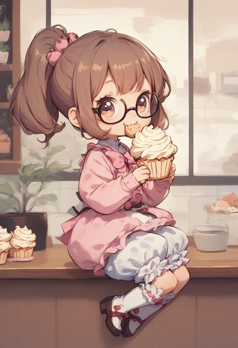 score_9, score_8_up, score_7_up, best quality, fine detail, 1girl, solo, cute, bloomers, chibi, eating cupcake, inside coffee shop, glasses, brown hair, from side