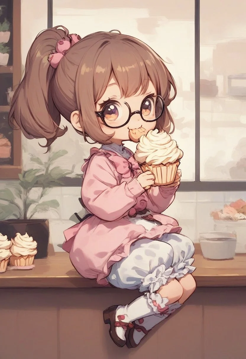 score_9, score_8_up, score_7_up, best quality, fine detail, 1girl, solo, cute, bloomers, chibi, eating cupcake, inside coffee shop, glasses, brown hair, from side