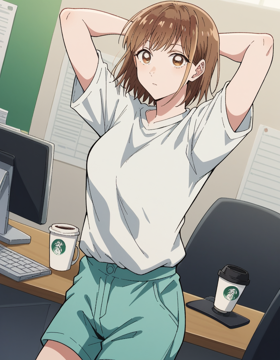score_9, score_8_up, score_7_up, source_anime, <lora:chinatsu-kano-alpha-ponyxl-lora-nochekaiser:1>, chinatsu kano, short hair, brown hair, brown eyes, medium breasts,, shirt, white shirt, short sleeves, shorts,, home office, working from home, computer screen, coffee cup, focus, deadline, , looking at viewer, hands behind head,, solo,, cowboy shot, dutch angle,