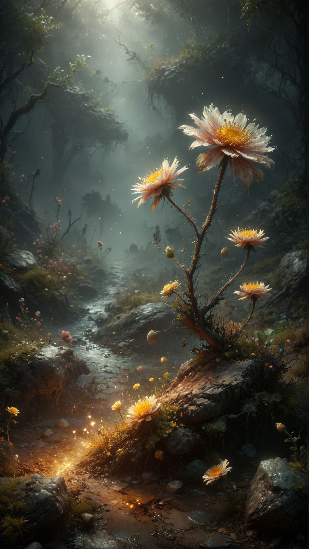indie game style in the desiccated heart of a withered, once ancient forest, a faint trickle of water limply cascades down a parched, cracked rockface, its dusty mist clinging to the wilted petals of a feeble, dull flower. the air is heavy with the faint stench of decay and rot, as the last remnants of luminescent insects struggle to survive, their weak, flickering lights casting eerie shadows on the dry, cracked earth below. as the flower's center begins to glow with a sickly, yellowish light, a dull, listless energy field emanates from its core, resonating with the forest's dying magic. the scent of damp soil and desperation wafts through the air, drawing in scavengers who are drawn to the flower's meager sustenance and the whispers of the forest's forgotten despair. . creative, innovative, personal storytelling, unique art styles 
many details, extreme detailed, full of details,
Wide range of colors., Dramatic,Dynamic,Cinematic,Sharp details
Insane quality. Insane resolution. Insane details. Masterpiece. 32k resolution.
<lora:add-detail-xl:0.85>  <lora:sss:0.4>sss, translucent, subsurface scattering
<lora:MJ52:0.35>
<lora:ral-pxlprtcl:0.45> ral-pxlprtcl
<lora:xl_more_art-full_v1:0.55>
<lora:zavy-cntrst-sdxl:0.3> dark, chiaroscuro, low-key 
 <lora:ral-dissolve:0.4> ral-dissolve
