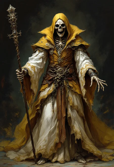 fantasy painting of an evil male lich in an opulent but worn out white baroque dress with tan and brown accents and a crinoline. an undead skeleton necromancer holding a magic scepter. A grimoire hangs chained to his leather belt. evil laughter. he's wearing a , jewelry, metal pauldrons. skeleton hands. cel shading, dark fantasy, full length portrait, ancient, weathered, worn out clothing, dusty, dirty, rugged, dark background