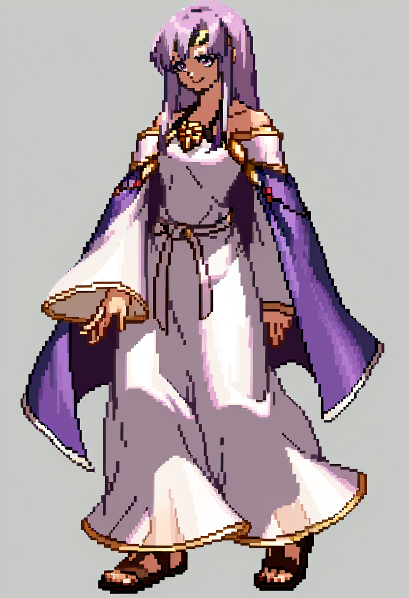 score_9, score_8_up, score_7_up, source_anime, BREAK, solo, 1girl, smile, looking at viewer, <lora:Julia-pdxl_Fp:1>, juliafe4, purple hair, purple eyes, long hair, circlet, white dress, bare shoulders, purple cape, ribbon, brooch, white sleeves, gladiator sandals,  <lora:KOF-XIII-Sprite-Style-pdxl_Fp:1>, simple background, full body, pixel art, closed mouth, standing,