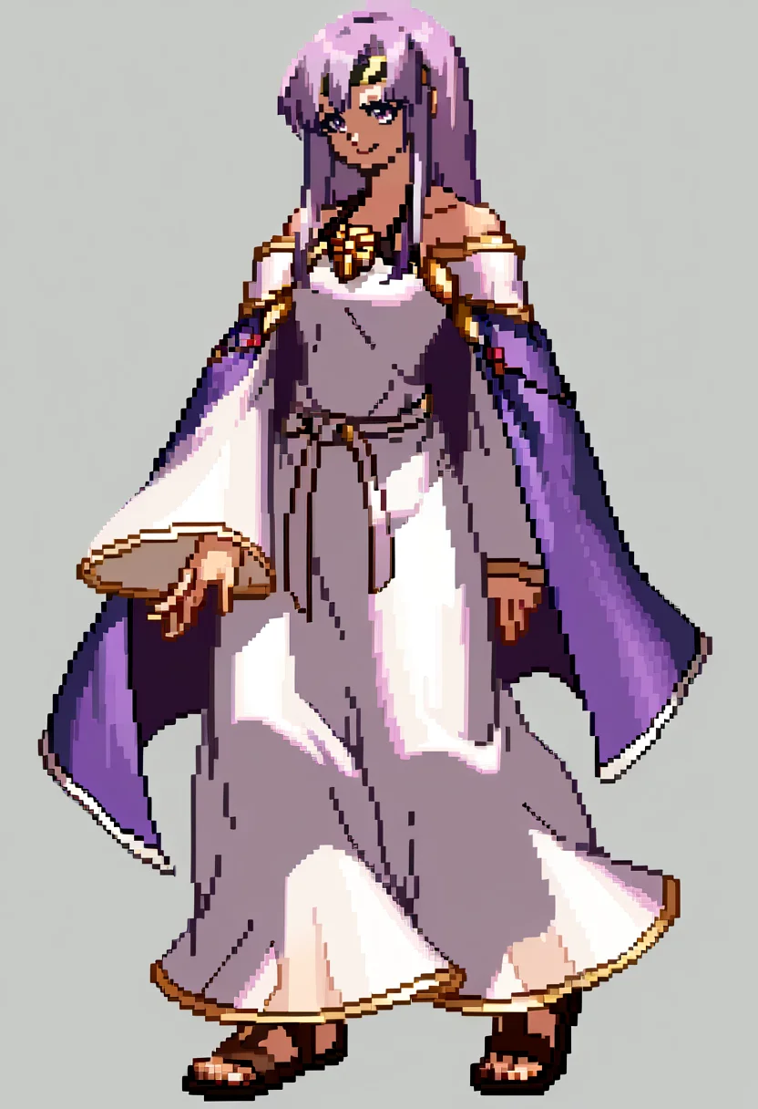 score_9, score_8_up, score_7_up, source_anime, BREAK, solo, 1girl, smile, looking at viewer, <lora:Julia-pdxl_Fp:1>, juliafe4, purple hair, purple eyes, long hair, circlet, white dress, bare shoulders, purple cape, ribbon, brooch, white sleeves, gladiator sandals, <lora:KOF-XIII-Sprite-Style-pdxl_Fp:1>, simple background, full body, pixel art, closed mouth, standing,