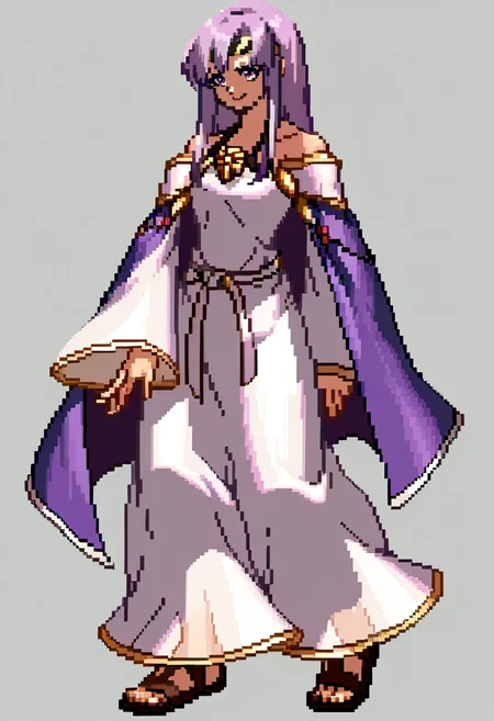 score_9, score_8_up, score_7_up, source_anime, BREAK, solo, 1girl, smile, looking at viewer, <lora:Julia-pdxl_Fp:1>, juliafe4, purple hair, purple eyes, long hair, circlet, white dress, bare shoulders, purple cape, ribbon, brooch, white sleeves, gladiator sandals, <lora:KOF-XIII-Sprite-Style-pdxl_Fp:1>, simple background, full body, pixel art, closed mouth, standing,