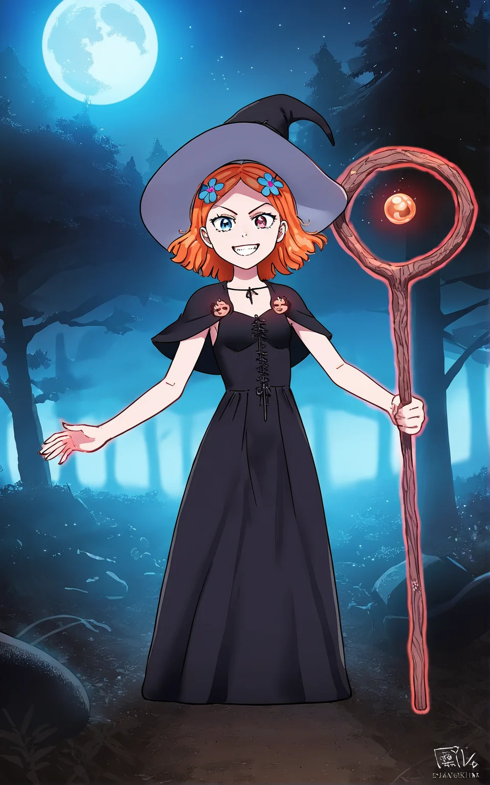 score_9_up, source_cartoon, suzieq, 1girl, orange hair, solo. hair ornament, flower, hair flower, short hair, blue eyes,heterochromia, hairclip, witch. witch hat. black dress. long dress. holding. staff. evil grin. magic. night. dark forest. looking at viewer.