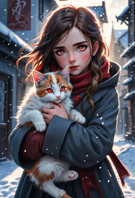 Beautiful hand drawn anime shot. Young happy girl in heavy coat holding a kitten in a hug as she walks through a modern fantasy midevil street in the snow. The cat is a calico cat. The girl has has long hair and red eyes. The kitten has blue eyes. Highly detailed sky. Mid day. White sunlight. The kitten is looking up at the girl it's back against her. Red eyes girl. Highly detailed. 50mm lens. 8k resolution. Beautiful composition.