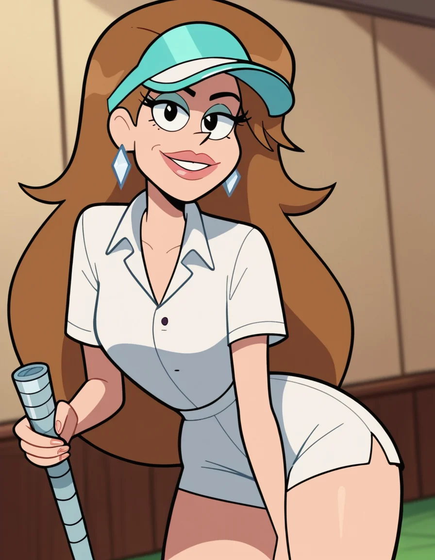 looking at viewer, wide hips, black eyes, smug, solo, <lora:Priscilla_Northwest_Gravity_Falls_Pony:0.6> , priscillanorthwest, brown hair, long hair, thick lips, diamond earrings, lipstick, golf visor, white shorts, white polo shirt, collared shirt,, score_9, score_8_up, score_7_up, cute,