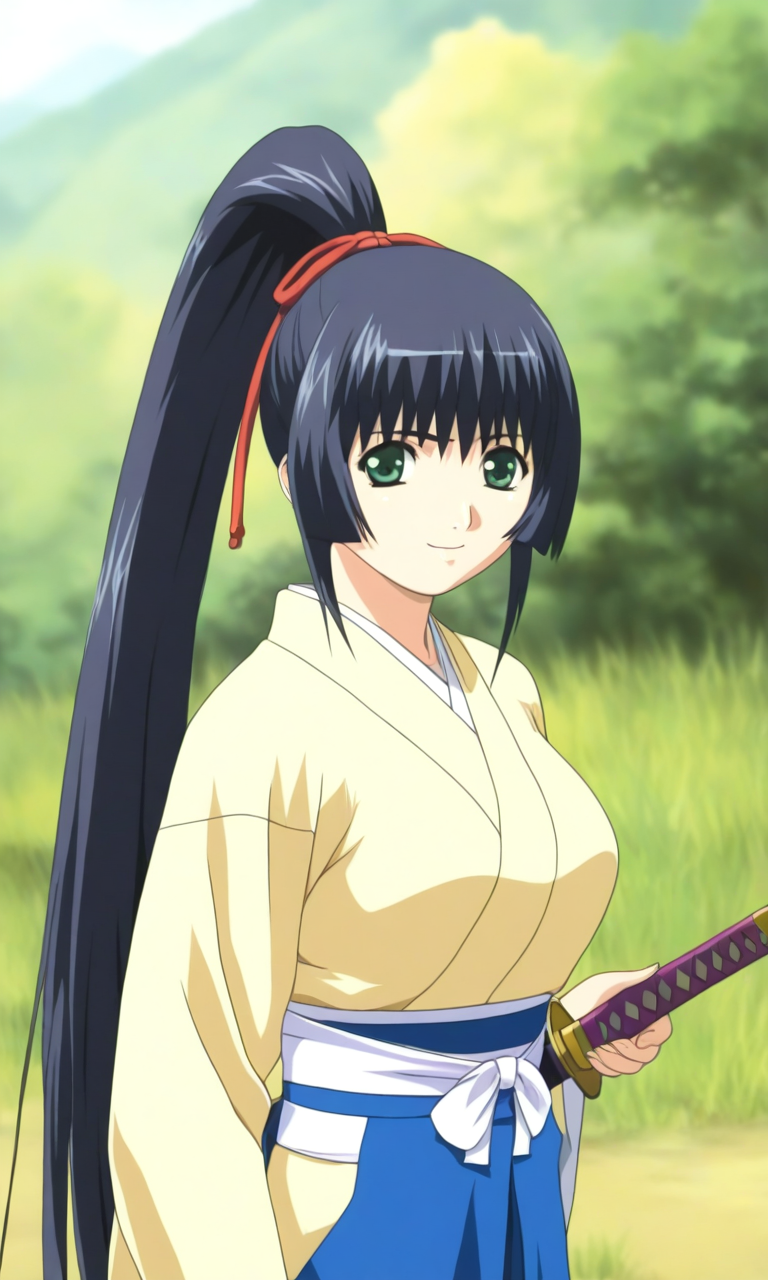 general,highres, ultra-detailed,very aesthetic,best quality ,best hands, BREAK <lora:Kurama-hime_Hininden_Gausu_IS:1>
Kurama-hime(Gausu), 1girl, solo, long hair, ponytail, sidelocks, bangs, blue black hair, hair ribbon, red ribbon, green eyes, medium breasts,
weapon, sword, ribbon, upper body, nature, katana, sheath
japanese clothes, pink kote, Yellow kimono, long sleeves, hakama skirt, blue hakama, white sash,
smile,looking at viewer, cowboy_Shot,
natural, grass, day, outdoor,