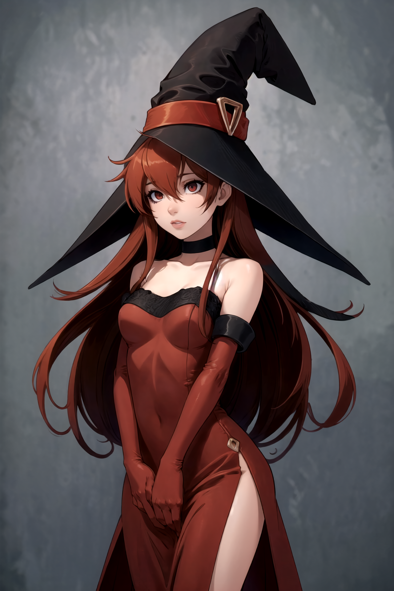 <lora:RtPL-Cierra-06:0.99> cierra_(riviera), long_hair, dress, choker, gloves, witch_hat, cowboy_shot, red_eyes,, beautiful, (masterpiece:1.2), (best quality:1.2), perfect eyes, perfect face,<lora:perfectfingers:1.0>