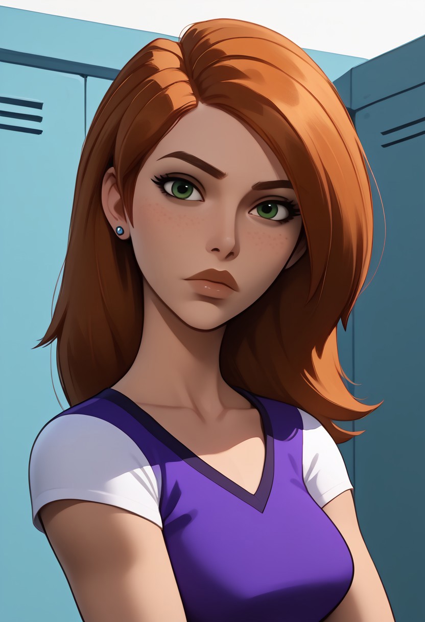 score_9, score_8, score_7, score_8_up, 1girl, bonnie and kim possible, (1petite, Kim Possible), Expressiveh, redhead, small neck, solo, freckles, (long hair, green eyes), smooth hair, medium hair, long eyelashes, collarbone, side view,  jewelry, piercings, close up view, (((looking at viewer))), in a school, light blue lockers, cheerleader top, jawline, collarbone, slightly angled view, detailed skin, high quality, (long eyelashes, dark makeup), cheerleader outfit,