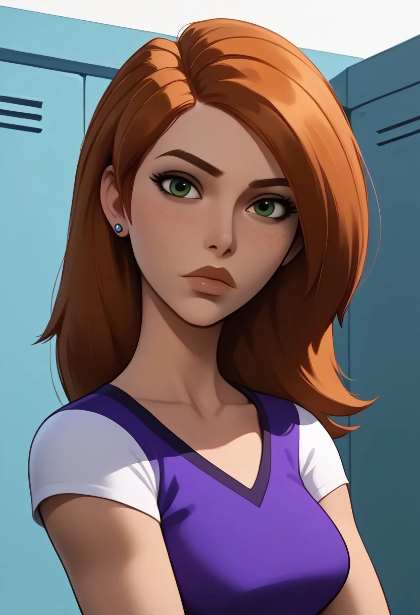 score_9, score_8, score_7, score_8_up, 1girl, bonnie and kim possible, (1petite, Kim Possible), Expressiveh, redhead, small neck, solo, freckles, (long hair, green eyes), smooth hair, medium hair, long eyelashes, collarbone, side view, jewelry, piercings, close up view, (((looking at viewer))), in a school, light blue lockers, cheerleader top, jawline, collarbone, slightly angled view, detailed skin, high quality, (long eyelashes, dark makeup), cheerleader outfit,