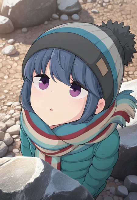 masterpiece,best quality,amazing quality, shima rin, blue hair, purple eyes, 1girl, solo, scarf, hat, rock, beanie, jacket, looking up, :o, parted lips, striped scarf