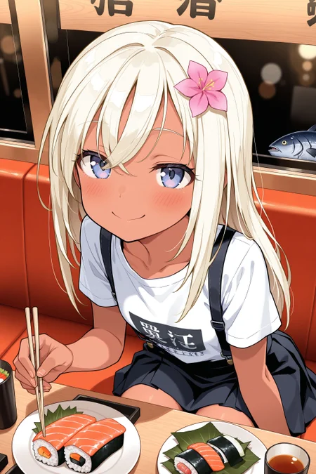 (masterpiece, best quality:1.2), amazing quality, very aesthetic, absurdres, perfect detail,
sushi restaurant, booth seating, table, cup, plate,
sitting on next, leaning forward, holding chopsticks, holding plate, sushi, tuna, seductive smile, blush, looking at viewer,
solo, ro-500 \(pump\), t-shirt, suspender skirt, short sleeves, kanji print,
<lora:XL_Ill_kancolle-ro500(pump)-t2:0.9>