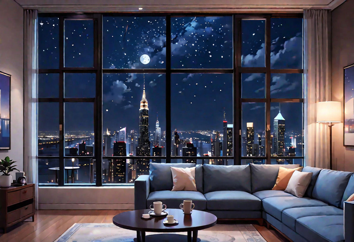 ((((front view)))), Shallow scene, ((animation style)), (((City high-rise building scenery))), ((((City scenery outside the window)))), ((sense of mystery)), (night), starry sky, moonlight, (weak warm light), (Facing the window), (open window), modern-style interior,  (sofa and coffee table by the window sill), Wooden floor, with white walls, (large windows), carpet, a living room, (((Sofa placed horizontally))), (Behind the sofa is the window sill),