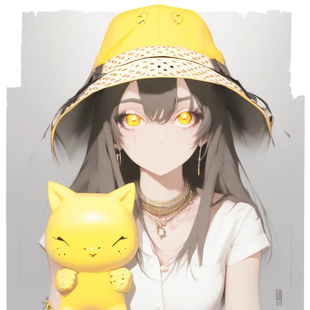 small breast, yellow eyes, hat, bracelets,