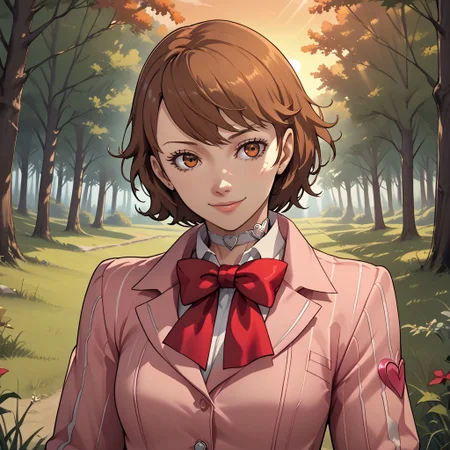 score_9, score_8, BREAK, Yukari Takeba, persona 3 reload style, brown hair, white heart choker, pink striped jacket, red bow tie, short black skirt, sexy pose, self portrait, smile, outdoors, sunlight, shadows, evening lighting, natural lighting, forest, trees, grass, orange sky, sunset