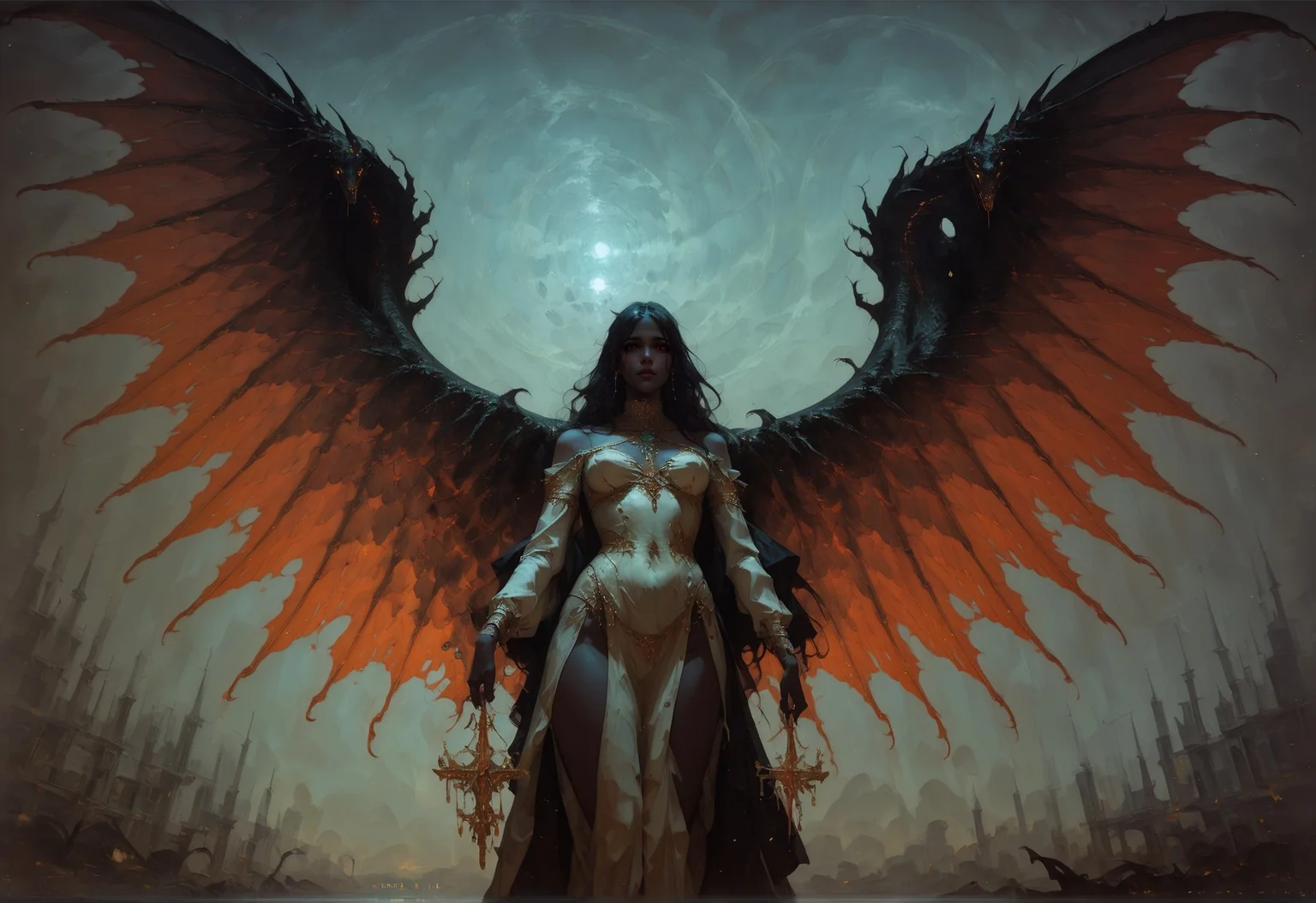score_9, score_8_up, score_7_up, woman, black skin, intricate, gold trim, fringe, wings, otherworldly, ceremonial outfit, Crystaline Peaks, snake, vibrant, high contrast, (atmospheric perspective:1.4) <lora:sdxl/pony_freckledvixon_gothic_oil_style:0.7> d4rk01l <lora:sdxl/pony_summer_days_style:0.5>