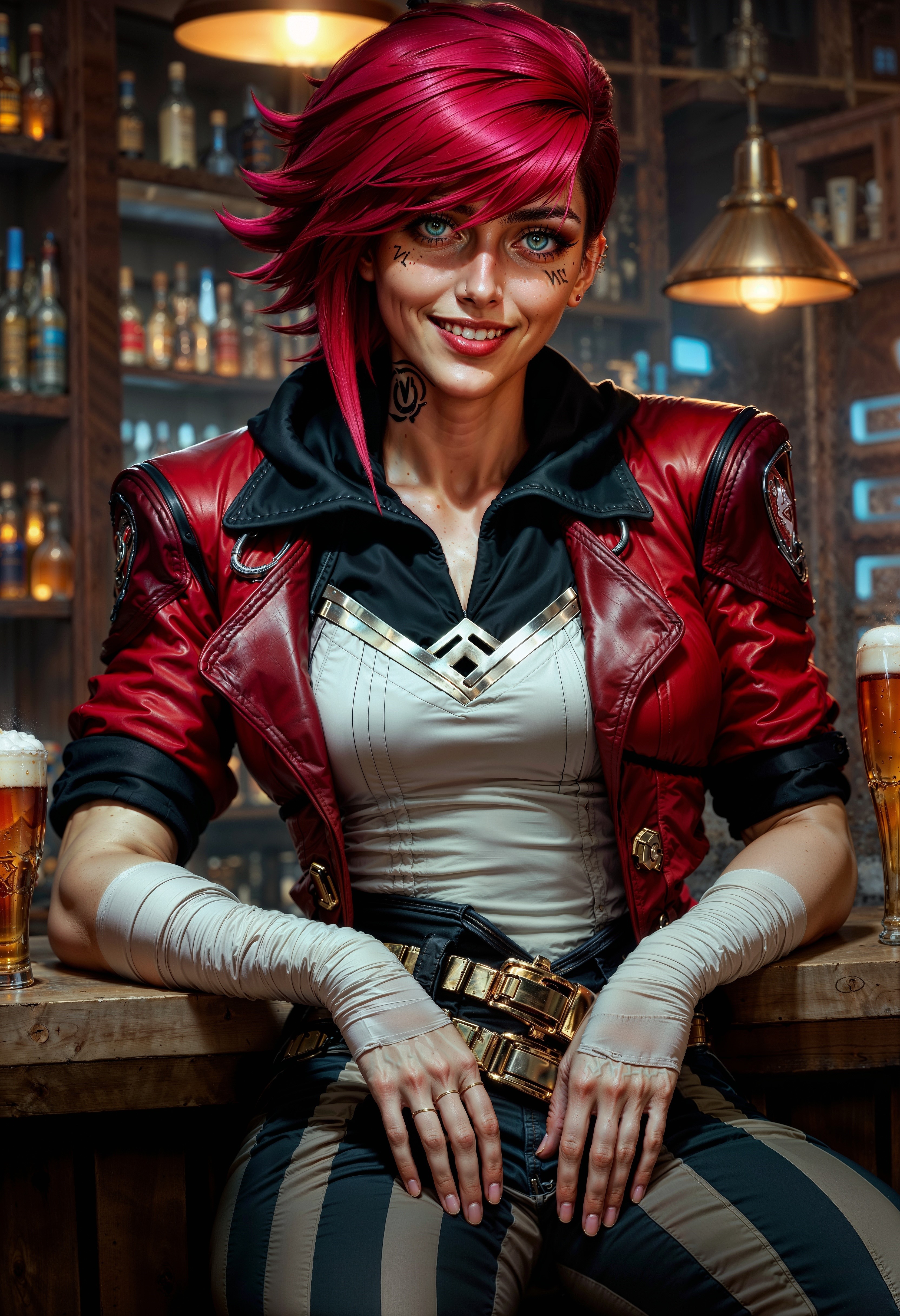 ViA, A strikingly alluring tavern wench, her hair is short, wearing white wraps on her arms, and a radiant smile as she sits on the bar amidst beer mugs and bottles. This scene is depicted in a vivid and enchanting painting that captures the fantasy of a bustling tavern. Her beauty is accentuated by the shiny skin, freckled face, "VI" tattoo on her cheek, and the overall ambiance of the setting. The artist's attention to detail and skillful execution elevate this image to a level of exquisite realism, making it a truly captivating piece.<lora:FluxMythP0rtr4itStyle:0.7> <lora:FluxViA:1>