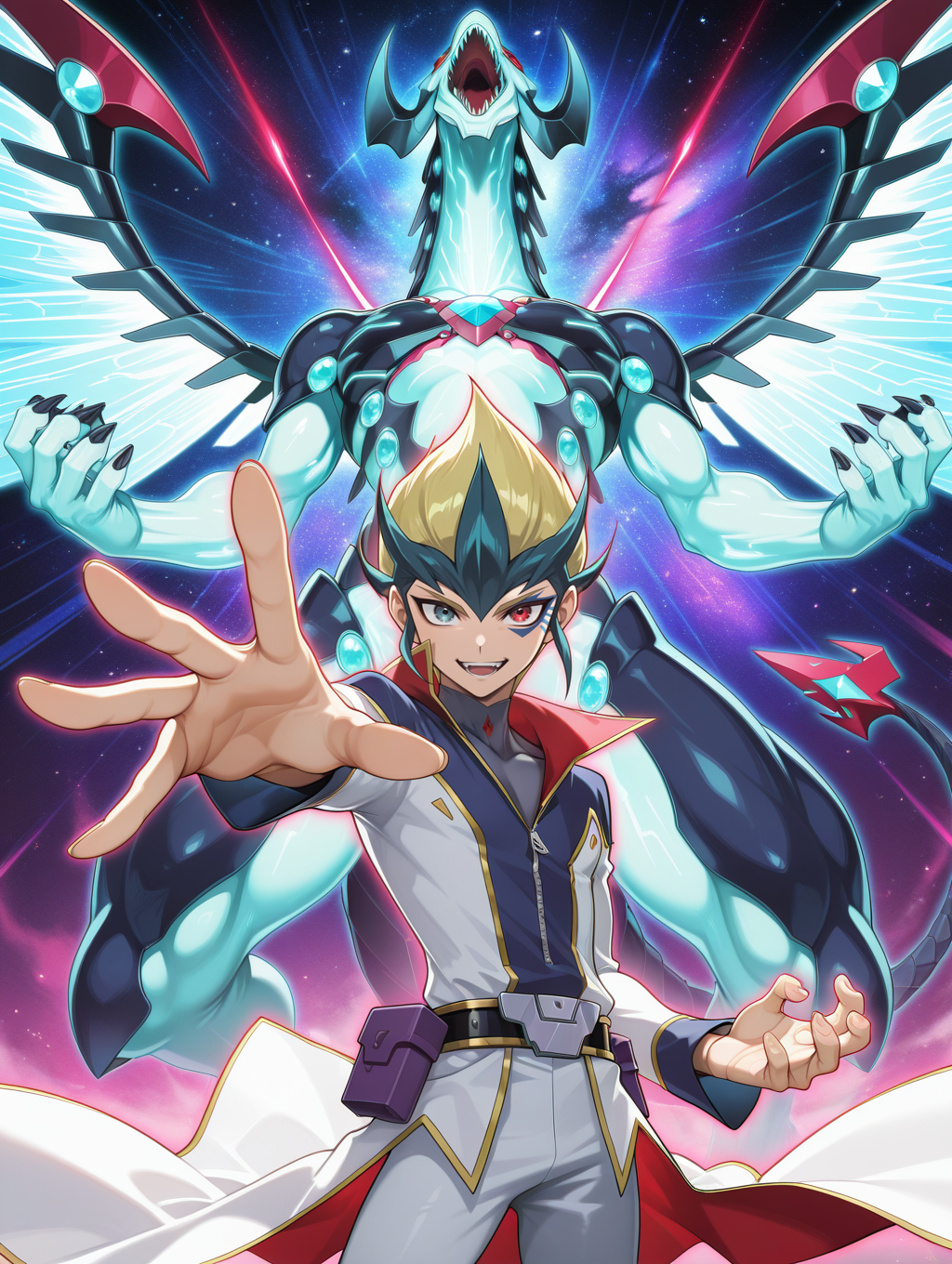 kite tenjo, galaxy, galaxy-eyes photon dragon, 1other, 1boy, male focus, open mouth, facial mark, smile, belt pouch, white coats, looking at viewer, outstretched hand, teeth, fingernails, white pants, grey high collar shirt, heterochromia, blue dragon
masterpiece,best quality,amazing quality,very aesthetic,absurdres,newest,<lora:Galaxy-Eyes Prime Photon Dragon illuXL v2.3:0.75>,