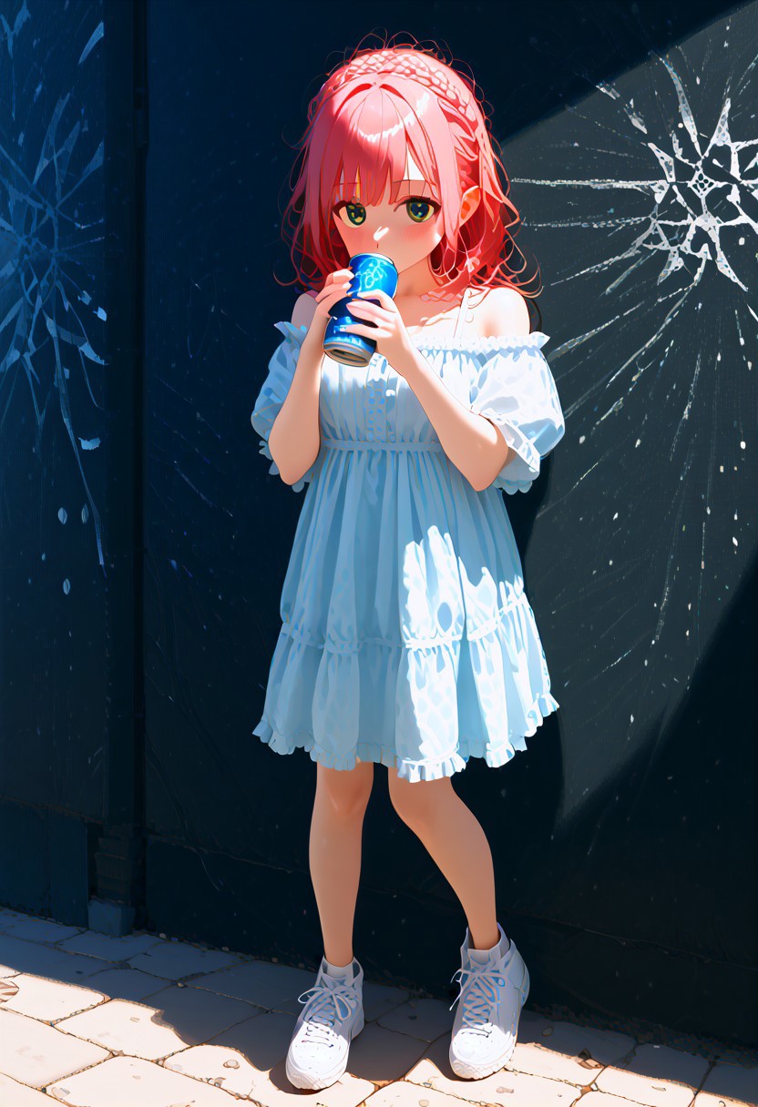 ((((zuppu11)))), solo, score_9, score_8_up, score_7_up, looking at viewer, zPDXL3, detailed eyes, blushing, Expressiveh, drinking, hydrate, holding, holding can, (((full body, 1girl))), detailed background, modern street background