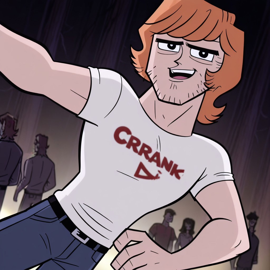 Cartoon source, official art, High Quality, toon, Black LineArt, break
Brandon, 1boy, alone, black eyes, orange hair, facial face, sideburns, black eyebrows, happy look, looking at viewer, shirt, blue pants, broad chest, athletic body, party, dynamic view, dynamic pose, dynamic angle,