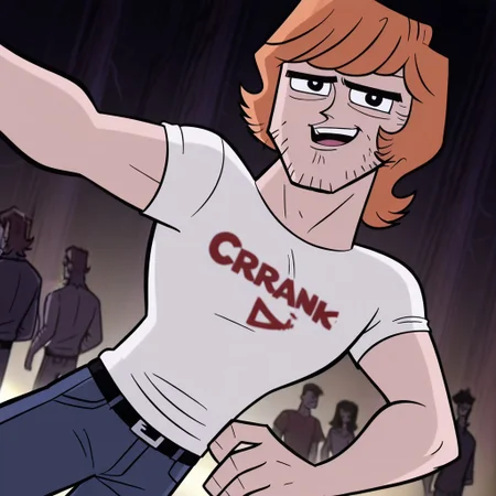 Cartoon source, official art, High Quality, toon, Black LineArt, break
Brandon, 1boy, alone, black eyes, orange hair, facial face, sideburns, black eyebrows, happy look, looking at viewer, shirt, blue pants, broad chest, athletic body, party, dynamic view, dynamic pose, dynamic angle,