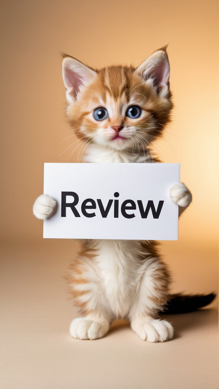 A photo of an anthropomorphic kitten, charming and lifelike, holding a 'Review' sign. Focus on natural allure with adorable, expressive features, blending kitten innocence and human-like awareness. Detail the fur, eyes, and posture meticulously. The 'Review' sign should match its playful character. Use soft lighting and a simple background to highlight the kitten and sign. Aim to engage viewers emotionally, portraying a unique, endearing narrative.