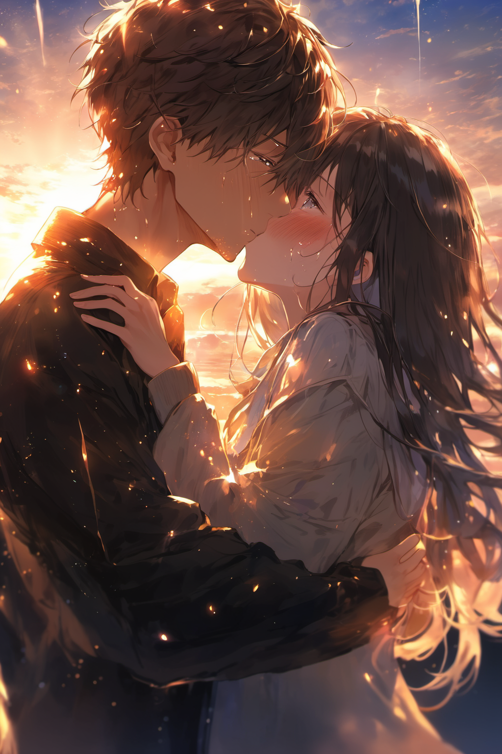 face focus, cute, masterpiece, best quality, 1boy,1girl, hugging, kissing, sunset background, light particle, solo, standing, pixiv, depth of field, cinematic compotision, best lighting, looking upï¼tears, , weeping,