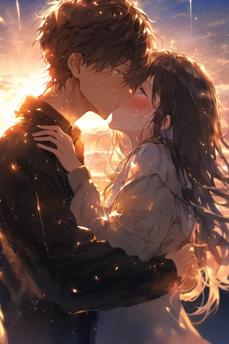 face focus, cute, masterpiece, best quality, 1boy,1girl, hugging, kissing, sunset background, light particle, solo, standing, pixiv, depth of field, cinematic compotision, best lighting, looking upï¼tears, , weeping,