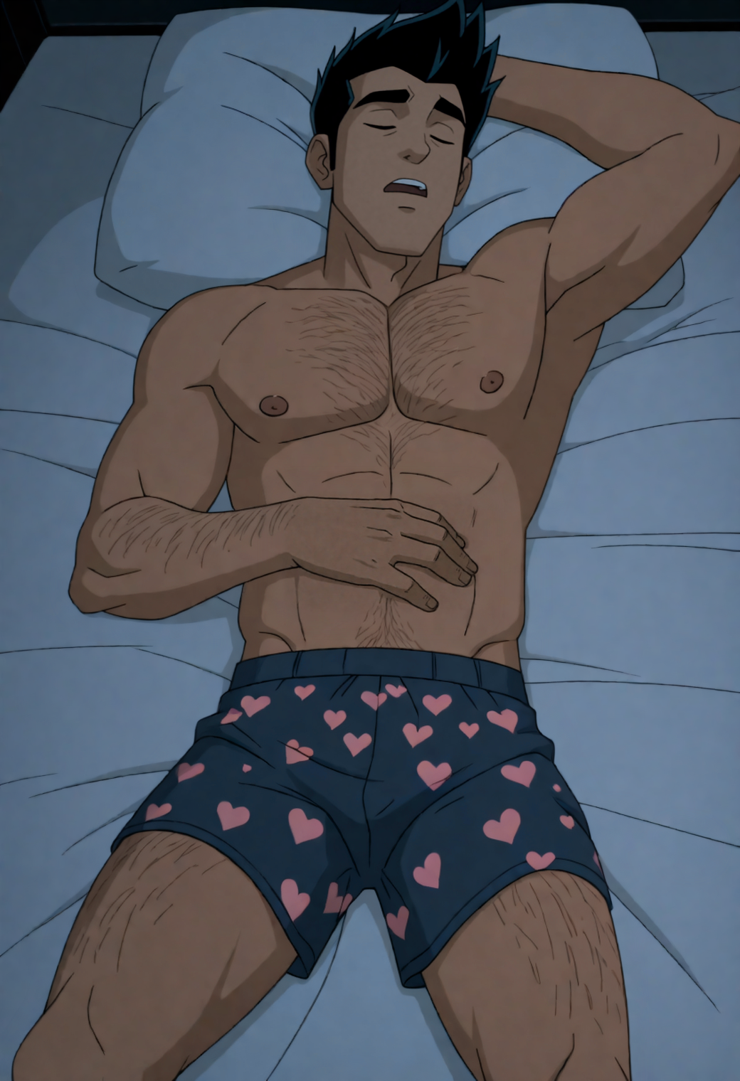 masterpiece,best quality,(anime screencap:0.7),
1boy,manly,
<lora:caesar_salazar_NAI_EPS_1_0_CAME_v1_rev2:1>,
c43s4r5,black hair,short hair,spiked hair,brown eyes,thick eyebrows,dark skin,
lying,topless male,on back,on bed,boxers,heart print,(navel hair:0.6),chest hair,(hairy:1.1),sleeping,open mouth,âââ