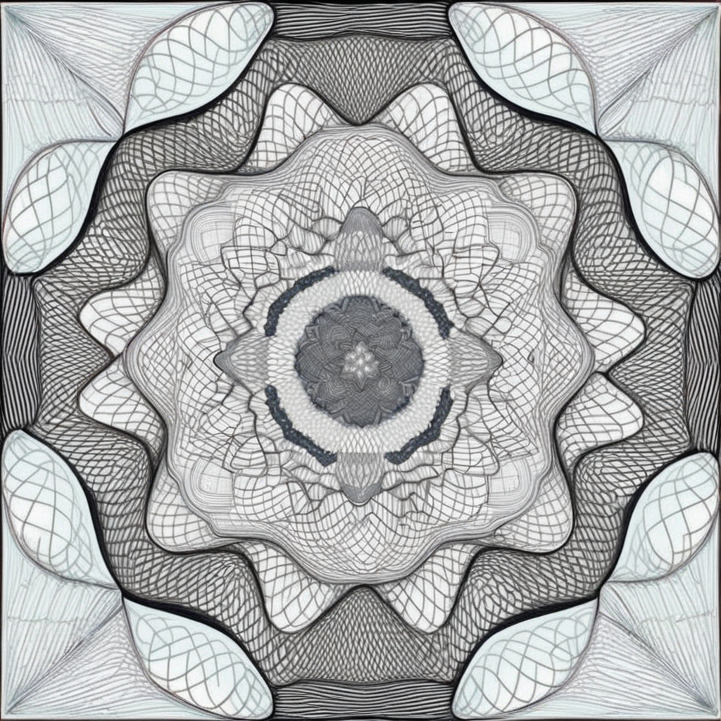 <lora:cx_V0:1>,The design consists of multi-layered geometric shapes that radiate symmetrically from the center,forming intricate patterns. The patterns should feature gradually changing lines,which can be straight,wavy,or spiraled. Please use a harmonious color palette,predominantly cold tones. The entire image should evoke a sense of meditation and relaxation,akin to a finely crafted mandala or a meticulous currency security thread pattern,successive orderly beautifulmeticulous Bessel curve of money,cline,monochrome,