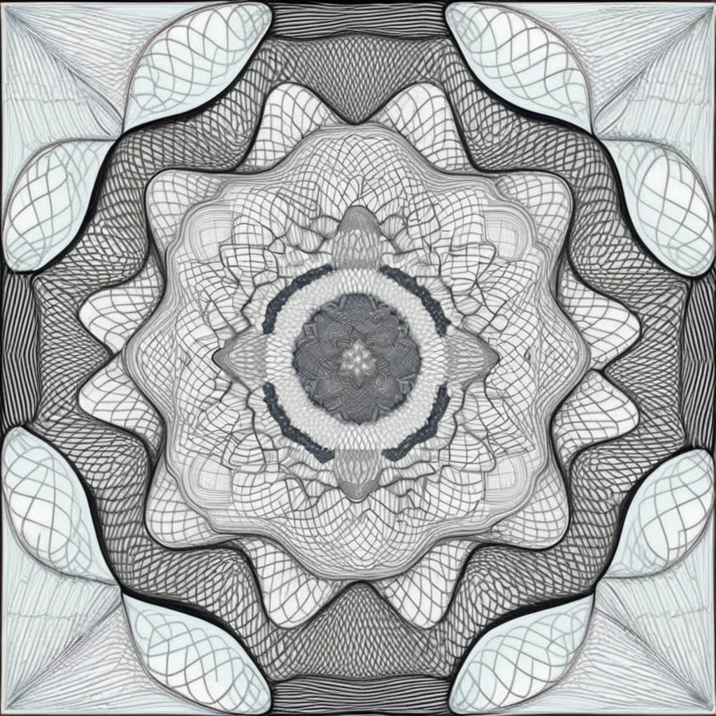 <lora:cx_V0:1>,The design consists of multi-layered geometric shapes that radiate symmetrically from the center,forming intricate patterns. The patterns should feature gradually changing lines,which can be straight,wavy,or spiraled. Please use a harmonious color palette,predominantly cold tones. The entire image should evoke a sense of meditation and relaxation,akin to a finely crafted mandala or a meticulous currency security thread pattern,successive orderly beautifulmeticulous Bessel curve of money,cline,monochrome,