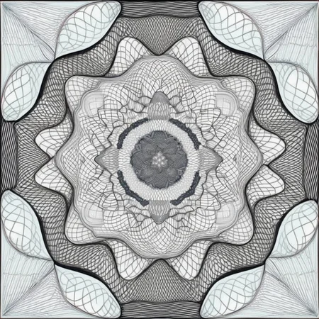 <lora:cx_V0:1>,The design consists of multi-layered geometric shapes that radiate symmetrically from the center,forming intricate patterns. The patterns should feature gradually changing lines,which can be straight,wavy,or spiraled. Please use a harmonious color palette,predominantly cold tones. The entire image should evoke a sense of meditation and relaxation,akin to a finely crafted mandala or a meticulous currency security thread pattern,successive orderly beautifulmeticulous Bessel curve of money,cline,monochrome,