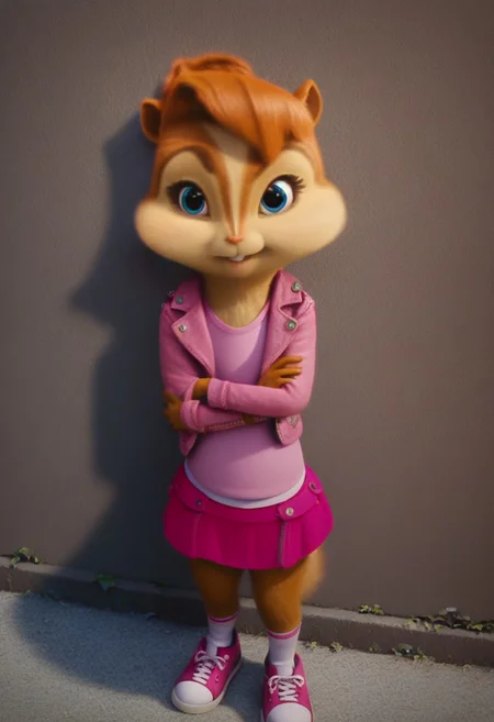 score_9, score_8_up, score_7, score_6, detailed background, town, streets, trees, brittany miller, chipmunk, furry, short ears, jean jacket, pink shirt, pink mini skirt, socks, sneakers, standing, leaning against wall, crossed arms, looking at viewer, smiles, 6 inches tall