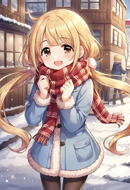 score_9, score_8_up, score_7_up, source_anime,futaba anzu, blonde hair, long hair, brown eyes, scarf, smile, open mouth, twintails, pantyhose, winter clothes, looking at viewe