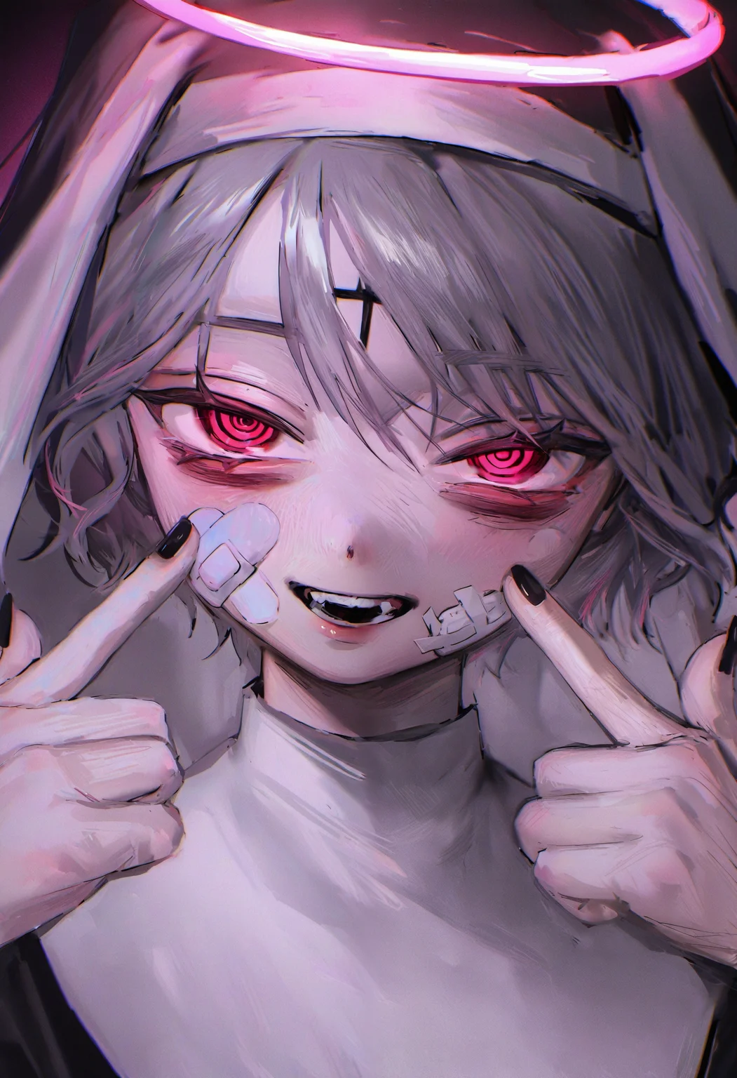 <lora:bGV0c2ZpbmFsYW5zd2Vy-noobaiXLNAIXL_epsilonPred_V110_V1-CAME>, bGV0, bandaid, bandaid on face, solo, finger gun, halo, looking at viewer, facial mark, forehead mark, 1girl, portrait, spot color, black nails, pink eyes, bandaid on cheek, smile, chromatic aberration, nun, habit, open mouth, red eyes, bags under eyes, monochrome, bandages, limited palette, ringed eyes, grey hair, pointing at self, head tilt, pointing, nail polish, short hair, shirt