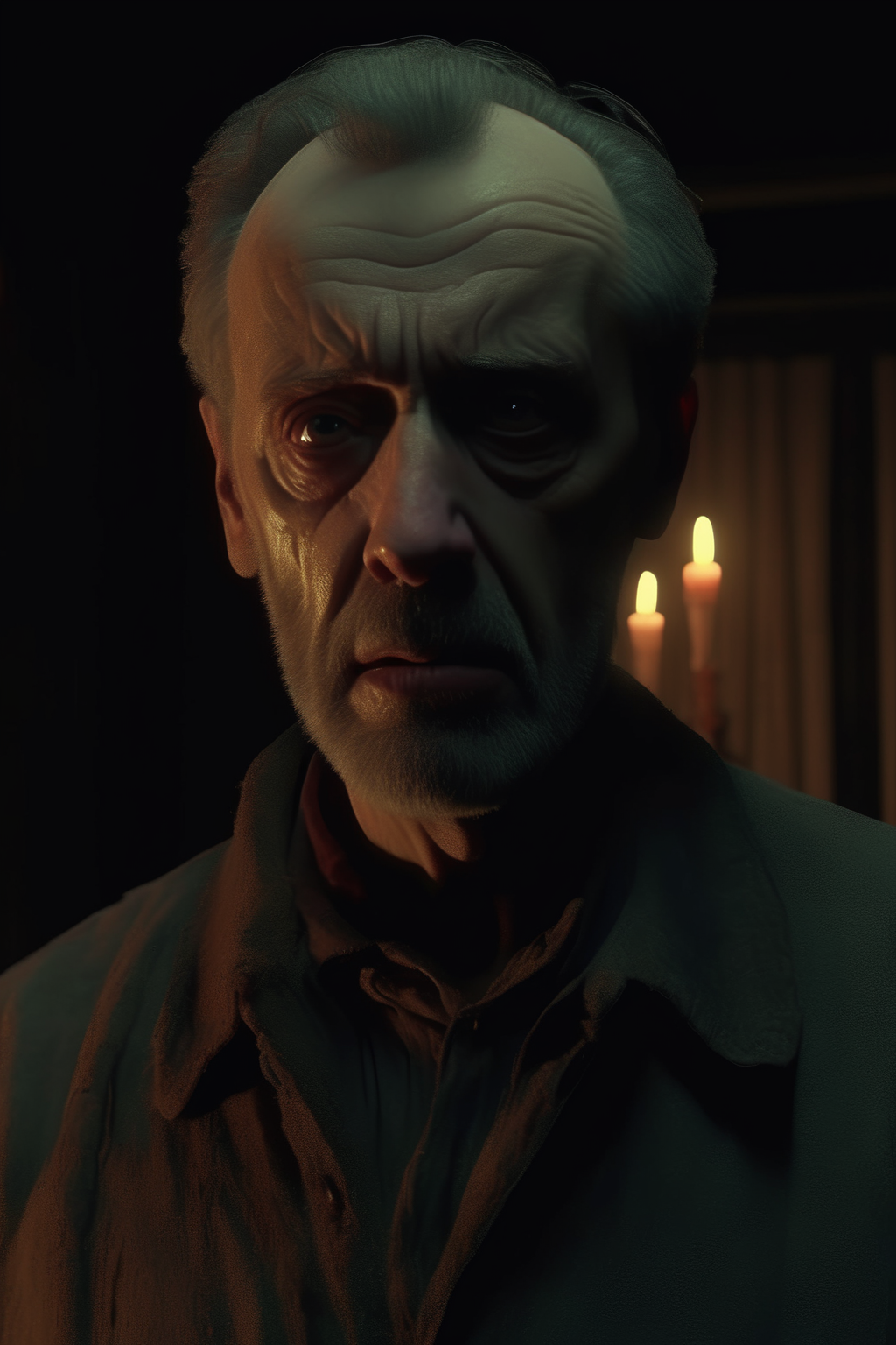 <lora:Director Krzysztof Kieslowski style:1>Director Krzysztof Kieslowski style - Close-up of the father's face as he stands up, his expression one of horror and disbelief. The room is now completely dark, the only light coming from a single, flickering candle. The camera angle is from the front, capturing the father's reaction. The colors are dark and muted, with a focus on the father's pale face, creating a photorealistic image of dread.