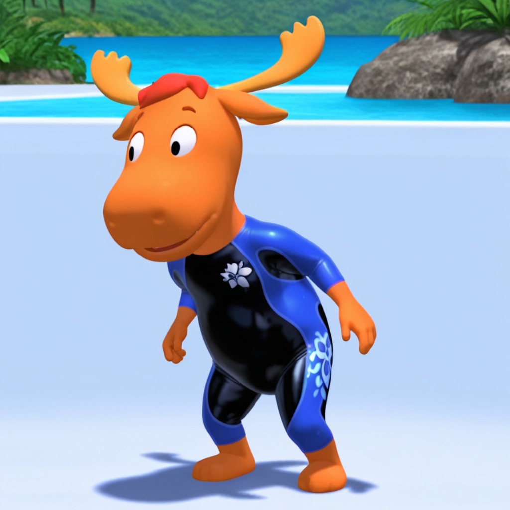 masterpiece, best quality, amazing quality, Tyronemoosebyil, anthro, male, moose, orange fur, black eyes, antlers, red hair, black and blue wetsuit, full body,  solo, 1boy, outside,