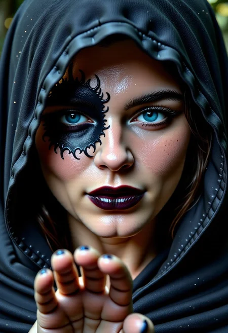 A close up image presents a striking character in dark attire, draped in a hood that casts shadows over their face. Their piercing gaze is almost hypnotic, blending a sense of mystery and intensity. The most attention-grabbing feature is the face which appears to be surrounded by intricate, organic designs that evoke a sense of the mystical or supernatural. The hand is held out to the camera obscuring half the face behind.
The color palette is predominantly monochromatic with shades of black, gray, and subtle hints of white, adding an air of foreboding. The character's skin has a pale, eerie quality that contrasts sharply with the dark elements, giving them an otherworldly appearance. The textures in the fabric and the smoothness of the eye create a tactile complexity, inviting closer inspection.
Symbolically, the eye can represent perception, awareness, or insight, hinting at themes related to foresight or the ability to see beyond the physical realm. This combination of visual elements serves to create a narrative that fuses fantasy and perhaps gothic motifs, provoking thought about power, knowledge, and the unseen forces at play in the universe., busty, milf, blue eyes