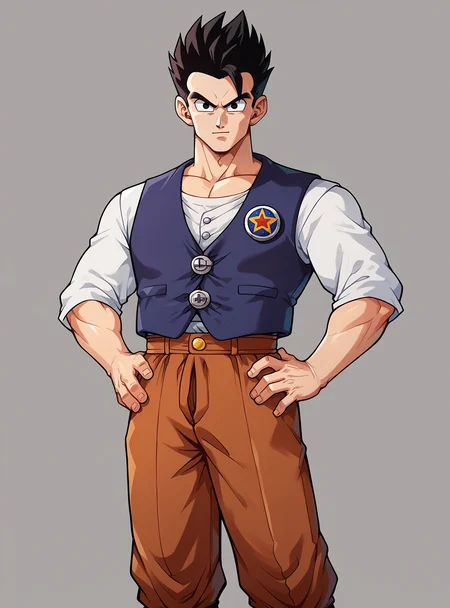 score_9, score_8_up, score_8, score_9, score_8_up, score_7_up,zPDXL2, source_anime,
gohanxl, solo, looking at viewer, 1boy, pectorals, black hair, black eyes,
black footwear, standing, brown pants, vest,button, cowboy shot, upper body, portrait, hand on own hip,
good_hands, better_hands,
<lora:gohanxl-000007:0.7> , <lora:pony_good_hands:1> , <lora:Pony_DetailV2.0:1> <lora:Smooth Anime 2 Style SDXL_LoRA_Pony Diffusion V6 XL:0.6>