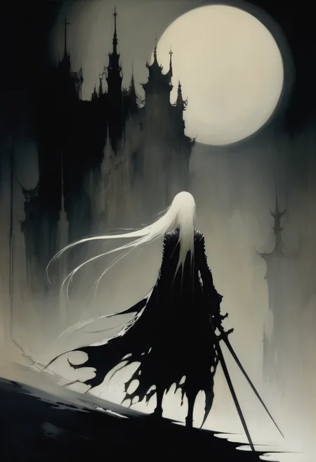 dramatic chiaroscuro scene by Ashley Wood and Kay Nielsen