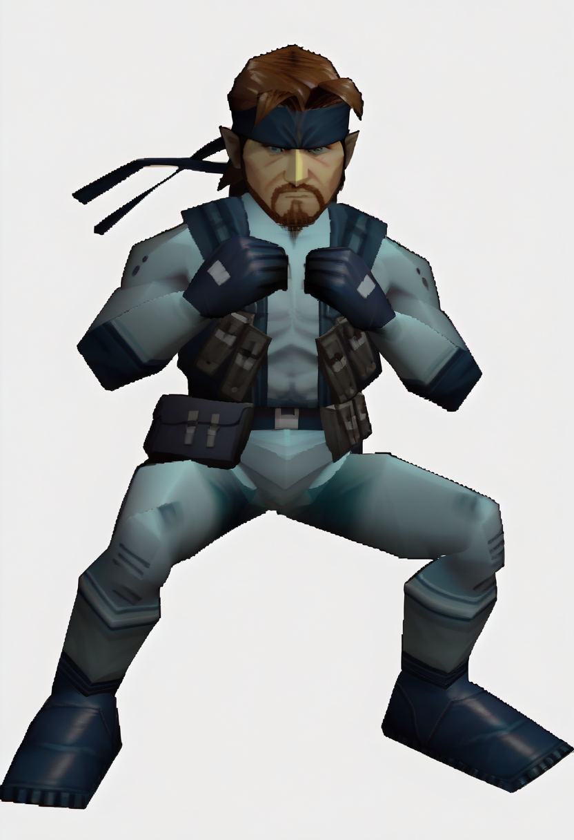 score_9, score_8_up, score_7_up, source_anime BREAK, 1boy, solo,
<lora:zs_N64ZeldaStyleXL:1> n64zeldastyle, 3d, polygonal, white background, full body
 <lora:solidsnake-pdxl-nvwls-v1:1> solidsnake, brown hair, beard, facial hair, headband, blue bodysuit, gloves, harness, belt pouch, mature male