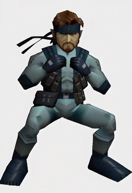score_9, score_8_up, score_7_up, source_anime BREAK, 1boy, solo,
<lora:zs_N64ZeldaStyleXL:1> n64zeldastyle, 3d, polygonal, white background, full body
<lora:solidsnake-pdxl-nvwls-v1:1> solidsnake, brown hair, beard, facial hair, headband, blue bodysuit, gloves, harness, belt pouch, mature male