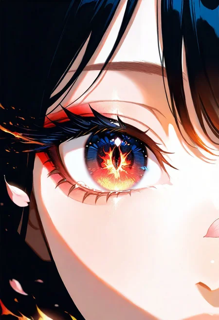 masterpiece, best quality, good quality, very aesthetic, absurdres, newest, 1girl, eye focus, Makeup, long eyelashes, black hair, a tear rolls down, Cherry blossom petals on fire cover half face, bright eyes, a home on fire in eye reflection, looking at viewer, Close-Up, (straight on:1.2),
