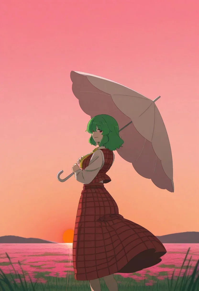 masterpiece, best quality, amazing quality, 1girl, solo, kazami yuuka, touhou, irohasu_(sasagarasu), green hair, short hair, red eyes, yellow ascot, red vest, plaid vest, red skirt, plaid skirt, white shirt, long sleeves, umbrella, white umbrella, holding umbrella, looking back, flowers, field, gradient sky, pink sky, dawn, sun, looking back