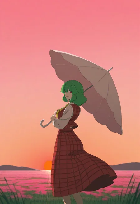 masterpiece, best quality, amazing quality, 1girl, solo, kazami yuuka, touhou, irohasu_(sasagarasu), green hair, short hair, red eyes, yellow ascot, red vest, plaid vest, red skirt, plaid skirt, white shirt, long sleeves, umbrella, white umbrella, holding umbrella, looking back, flowers, field, gradient sky, pink sky, dawn, sun, looking back