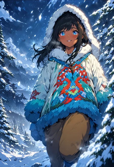 1woman, solo, long hair, black hair, Nepal style, long colorful fur parka, dark blue eyes, breath fog, eyeliner, brown pants, gorgeous lips, brown skin, tan skin, exploring, fur lined hood, side swept bangs, blue mittens, blue snow boots, snowy conifer forest,Himalayas, snow falling, winter season, windy, snow filled sky, night time, clouds against the mountain, steep, nature, snow, charming smile, ultra detailed eyes, (masterpiece), (best quality), (ultra-detailed), very aesthetic, illustration, knee high snow, blizzard weather, perfect composition, intricate details, absurdres,
(anime, masterpiece, intricate:1.3), (best quality, hires textures, high detail:1.2), (4k),(incredibly detailed:1.4), perfect anatomy, graceful face, slim, gorgeous lips, UHD, 8K, ultra detailed, a cinematic photograph of HDR photo, full body photo of a beautiful natural woman,